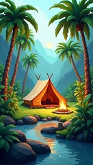 A low poly survival scene in a jungle with palm trees, wild plants, a tent, campfire, water stream, and a stone axe lying nearby

