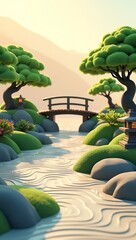 A peaceful low poly Japanese zen garden with raked sand patterns, bonsai trees, stone lanterns, koi pond, and minimalistic wooden bridge

