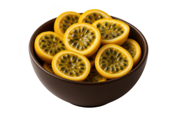 A bowl of fresh yellow passion fruit slices ready to eat