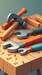 Low poly toolbox scene with stylized tools like hammer, wrench, screwdriver, pliers, nails, and wooden workbench for construction or simulation games

