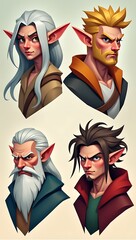 Low poly fantasy character heads including elf, warrior, mage, and rogue with exaggerated features, stylized hair, and emotionless game expressions

