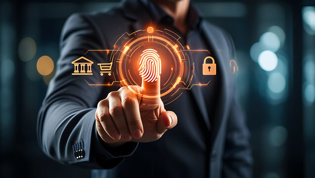 Person touching digital fingerprint security interface technology