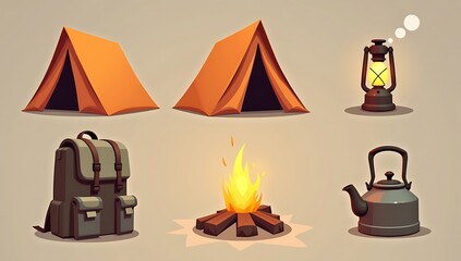 A stylized low poly camping equipment set including a tent, campfire, backpack, lantern, and kettle designed for outdoor survival games

