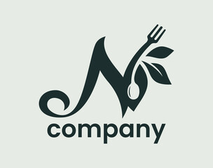 Letter N Food Nature Leaf, Culinary Spoon Fork Logo Design