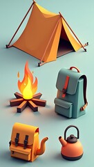 A stylized low poly camping equipment set including a tent, campfire, backpack, lantern, and kettle designed for outdoor survival games

