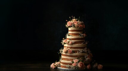 Elegant naked wedding cake decorated with roses and babys breath flowers