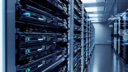 Animated 4K visualization of a futuristic data center with glowing servers and digital flows representing cyber security global data exchange and future AI networks in high resolution design - Powered by Adobe
