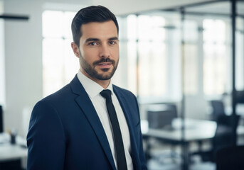 Fototapeta premium Confident businessman in navy blue suit, professional male entrepreneur in modern office setting, successful corporate executive portrait