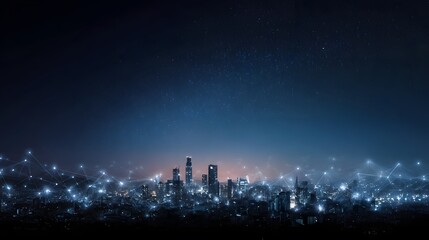 Smart city skyline with network overlays and futuristic technology lighting