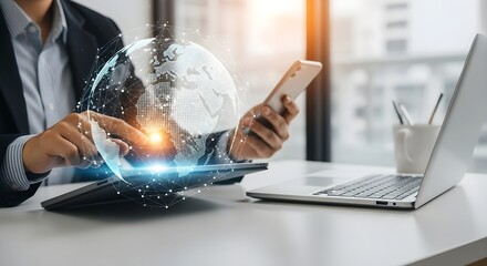 Businessman using digital tablet and mobile phone with global network connection concept