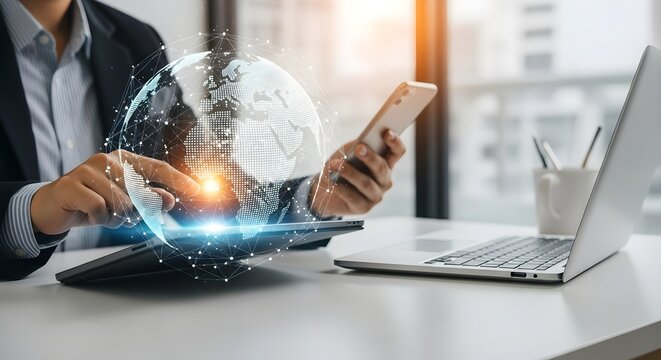 Businessman using digital tablet and mobile phone with global network connection concept