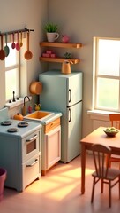 A cozy low poly kitchen interior with modular furniture, refrigerator, stove, dining table, utensils, and soft lighting for simulation games

