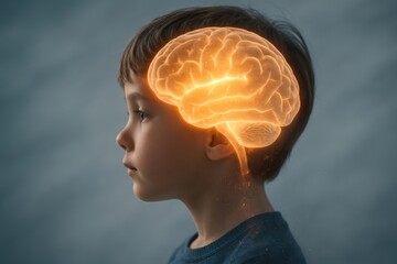 Fototapeta premium Brain Power: A young child's profile is overlaid with a glowing, ethereal illustration of the brain, symbolizing intelligence, learning, and potential. This image suggests intellectual capacity.