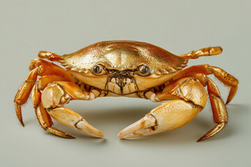 Golden crab with shining shell exhibiting vibrant colors and detailed features on a smooth surface in a well-lit environment