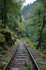 Fototapeta premium Scenic railway tracks meandering through lush green forest in a tranquil mountainous region during autumn foliage