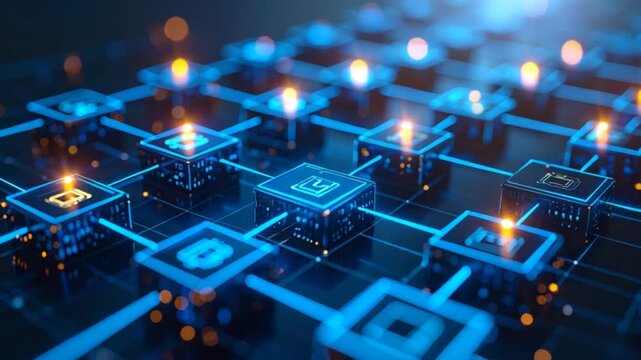 Abstract digital network with interconnected blocks in glowing blue