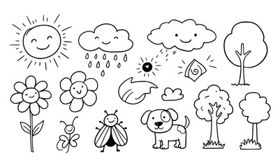 Cute Hand-Drawn Nature Doodle Set with Happy Sun, Clouds, Flowers, Trees, Dog, and Insects  Whimsical Black  White Vector Illustrations for Kids