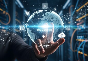 Data analytics globe with digital network and artificial intelligence technology concept