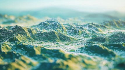 Futuristic wireless communication network illustration with glowing skyward signals and digital mapping terrain, showcasing global connectivity, satellite technology, 5g data transmission, and modern 