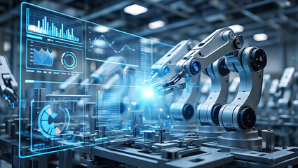 Robotic arms with futuristic data display factory automation