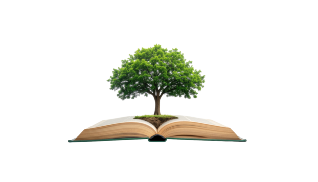 Open book with growing tree education and nature concept isolated on white background