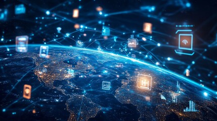 Futuristic digital network illustration featuring tech devices and communication icons connected to a glowing planet earth, representing global connectivity, internet of things, and modern technology 