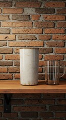 Fototapeta premium レンガ壁と木製棚の上の陶器とグラス