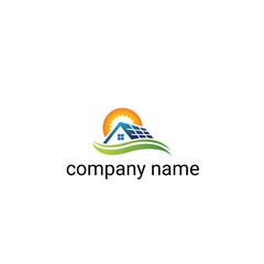 The logo features a house with a dark blue solar panel roof, symbolizing the use of solar energy. Behind the house is a rising sun