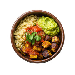 Delicious Vegan Quinoa Bowl with Tofu, Guacamole, and Salsa