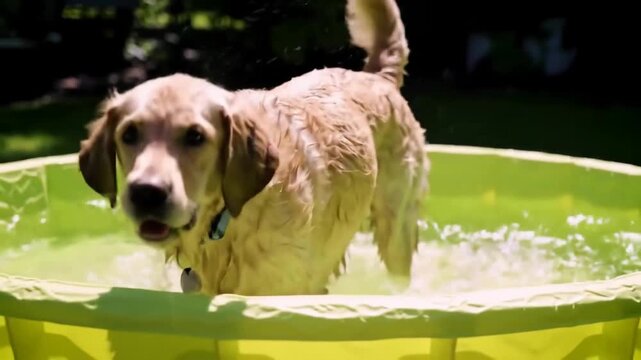 Golden retriever joyfully splashing in a bright yellow kiddie pool on a sunny day outdoors