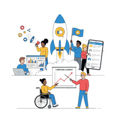 Diverse Team Launching Successful Marketing Campaign with Rocket.