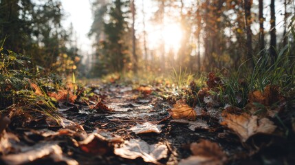 Low-angle view of a sunlit path in an autumnal forest, strewn with fallen leaves, shallow depth of field emphasizing the foreground