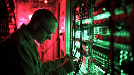 Technician performing maintenance in data center server room rack with networking cables and hardware equipment, it specialist working on cloud computing infrastructure and cybersecurity technology sy
