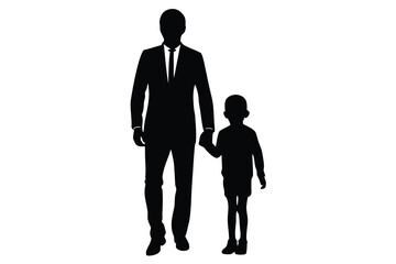 Father and Son Silhouette Walking Together, Formal Suit, Casual Kid's Clothes, White Background