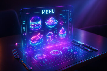 Futuristic holographic digital restaurant menu projected above table, neon glowing icons of burger pasta chicken cupcake dessert drinks, interactive augmented reality dining technology interface, sci-