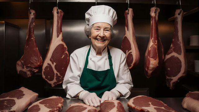 Chef mayor con gorro blanco en carnicer&iacute;a tradicional, rodeado de cortes de carne, orgullo y experiencia gastron&oacute;mica