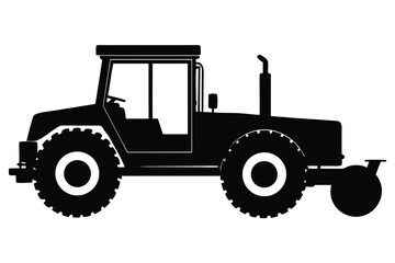 Isolated Silhouette of Farm Tractor with Cab, Exhaust, and Roller Attachment on a White Background