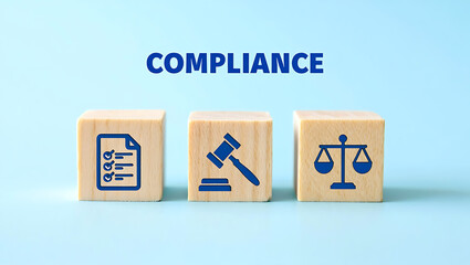 Wooden cubes with legal symbols and word compliance justice rules