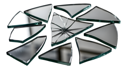 Collection of broken mirror fragments isolated on a transparent background