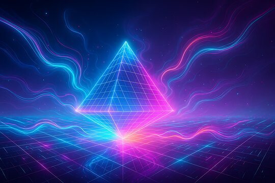 Futuristic neon glowing pyramid floating above digital grid, vibrant holographic light beams radiating in electric blue and magenta waves, abstract geometric prism shape in sci fi cyber landscape, sur