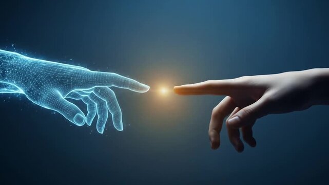 Digital hand reaching out to touch a human hand, with a glowing connection point, against a dark blue background.