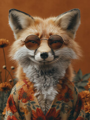 Dapper fox portrait wearing glasses and floral jacket