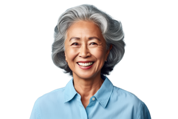 Smiling Senior: A heartwarming portrait of a cheerful elderly woman, her silver hair cascading gracefully, radiating joy and wisdom through a bright, genuine smile.