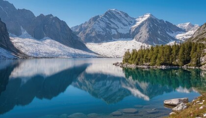 Clear Blue Alpine Lake with Snow Capped Mountains and Reflection. 8