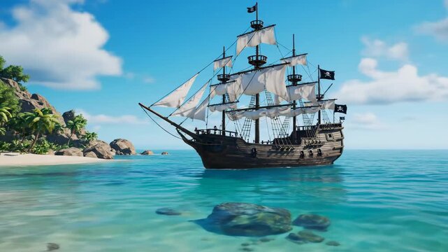 A pirate ship anchored near a tropical island with a treasure chest on the beach.  A Pirate Galleon's Arrival at Treasure Island.

