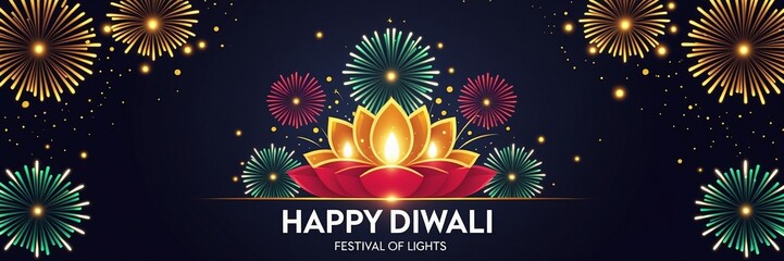Happy Diwali festival greeting card with vibrant fireworks, glowing lotus diya lamp, and festive night sky background &ndash; AI-Generated