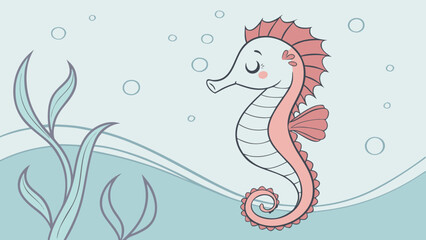 Vector illustration of a cute cartoon seahorse and abstract floral background