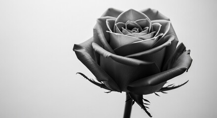 An elegant black and white close-up of a single rose in full bloom against a simple, light background.