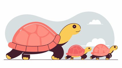 A funny brown tortoise with a cute tortoises slowly walking in the wild