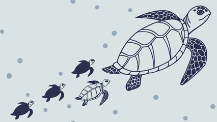 mother charming cartoon sea turtle walks with her baby turtles trailing behind in a line